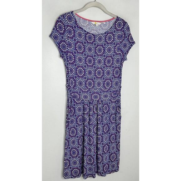 Boden Women’s White Purple Medallion Print Cap Sleeve Jersey Dress Size 4 - Picture 2 of 5